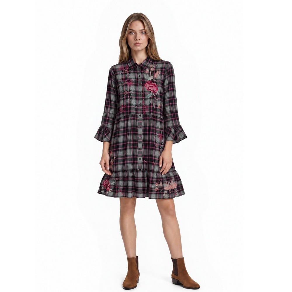 NWT Johnny Was Workshop Plaid Erinn Tiered Dress Women's Size Large MSRP $295